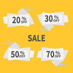 Origami paper banner set. Abstract geometric price tag sticker. Big sale 20 30 50 70% percent off promotion. Special offer. Yellow background. Isolated. Flat meterial design style.