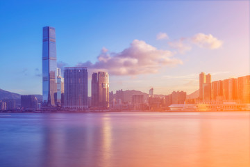 Hong kong city with river and sunrise.