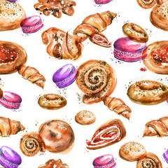 Vintage watercolor pattern. Set of bakery and confectionery products, cakes, pastries, white bread, roll a piece of dough watercolor