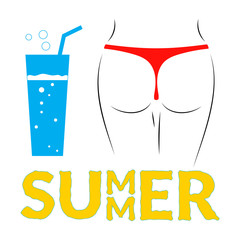 T shirt typography graphic with sexy buttocks, soda, summer. Fashion stylish print for sports wear. Cartoon template for t-shirt, apparel or card, poster. Symbol party, vacation. Vector illustration