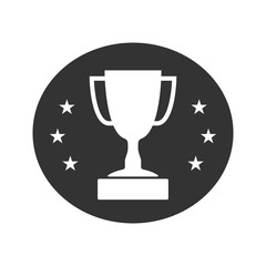 Trophy cup with stars icon. Award sport sign. Symbol of winner, competition, champion best, victory emblem. White sign in frame on gray background. Isolated flat design element. Vector illustration.