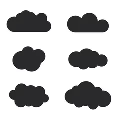 Poster Cloud icons set. Black outline isolated on white background. Collection template elements design. Symbol of space, weather, clear and nature. Abstract signs. Flat graphic style. Vector Illustration © alona_s