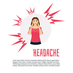 Woman with headache squeezing her head with hands. Vector migraine headache design template with place for text. Woman with acute pain in her head, headache relief. Healthcare and migraine concept