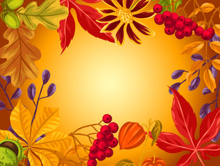 Background with autumn leaves and plants. Design for advertising booklets, banners, flayers, cards