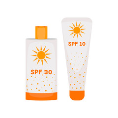 Sunblock cream bottles isolated on white background. Summer sunscreen cosmetic container icons. UV SPF skincare tube packaging. UV skin protection concept. Vector illustration. 
