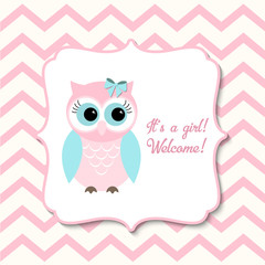 Baby shower for girls with pink owl, illustration