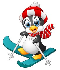 Naklejka premium Penguin cartoon skiing