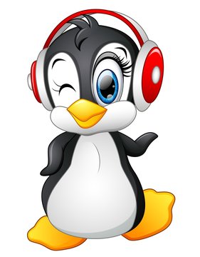 Cartoon penguin with earphone