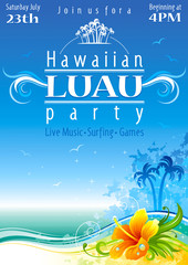 Day beach poster for hawaiian party with hibiscus flower