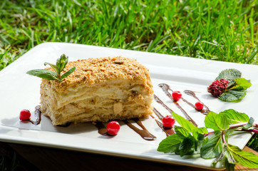Puff cake with cream on a plate