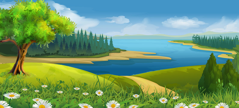 Nature landscape, stream valley, vector background
