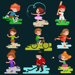 Kids sport, isolated boy and girl playing active games vector
