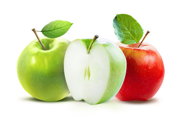Red and green apples and half of green apple isolated on white background with clipping path. Two juicy ripe colored apples on a white background isolated with clipping path.