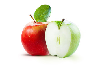 Red apple and half of green apple isolated on white background with clipping path. Two juicy ripe...