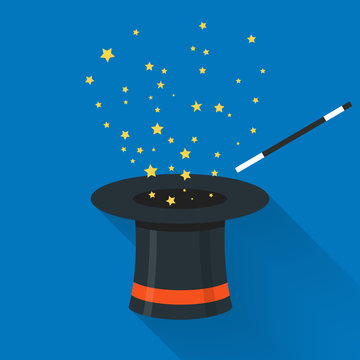 Abracadabra Cartoon Concept. Magic Wand With Stars Sparks Above Black Magic Hat. Abracadabra Flat Design