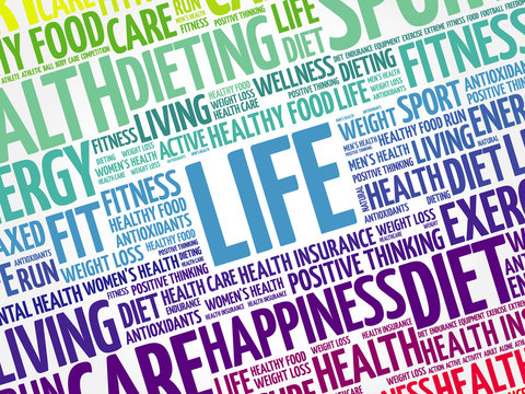 LIFE word cloud background, health concept
