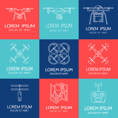 Modern thin line set with drones. Collection of logotypes with quadrocopter, hexacopter, multicopter, remote control made in line style. Vector illustration,