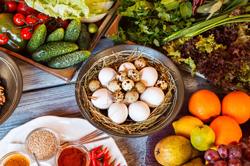 Bowl of eggs and lettuce. Fresh fruits and vegetables. Tasty diet food. Thank you, Mother Nature.