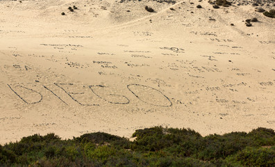 Inscriptions from stones on the beach Playa de Sotavento, Canary Island Fuerteventura, Spain