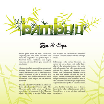 Bamboo stems green backgroung vector with bamboo logo ink pen painting style. Simple green bamboo illustration on light green background with text. Bamboo bush. Bamboo leaves. For zen and spa.