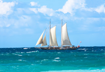 Vintage tall sail boat with masks high sailing off the coast on the blue choppy ocean lit up by sunshine. © Mantis Design