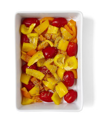 Dish of mediterranean vegetables prepared for roasting