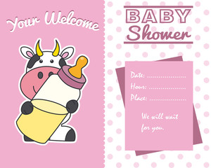 baby girl shower card. Cow with baby bottle