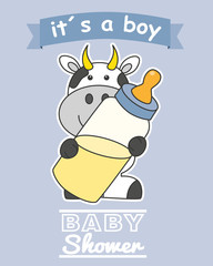 baby boy shower card. Cow with baby bottle