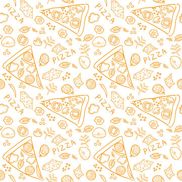 Pizza sketch ingredients - orange vector seamless pattern