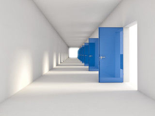 white tunnel with blue open doors. concept choice, possibility, future