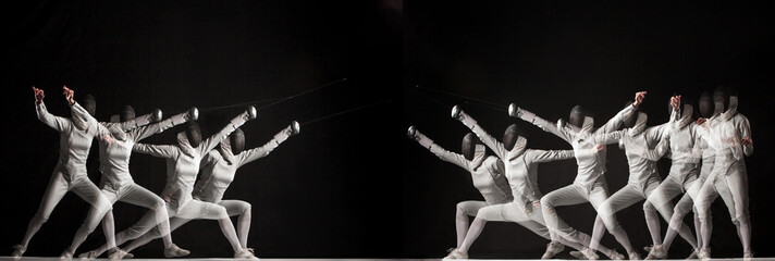 Duel fencers on a black background. collage of photos taken with stroboscope - obrazy, fototapety, plakaty