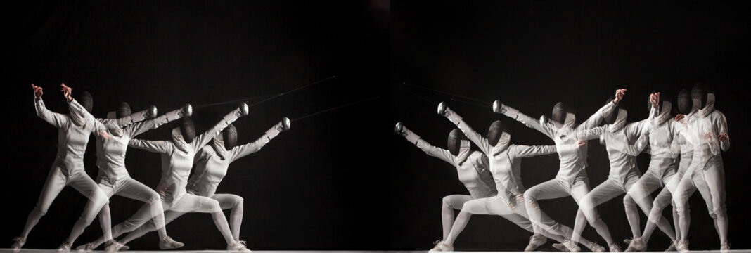 Duel fencers on a black background. collage of photos taken with stroboscope
