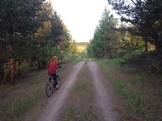 девочка едет на велосипеде по лесной дороге