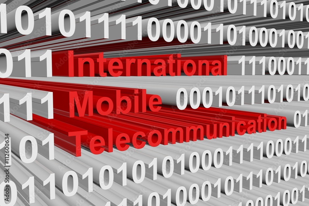 Poster international mobile telecommunication in the form of binary code, 3d illustration
