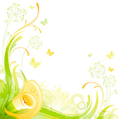 Fototapeta na wymiar Floral summer background with yellow calla flower, leafs, grass and grunge elements, copy space for your text