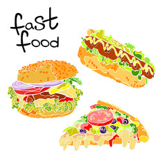 Fast food. Burger, hot dog and pizza slice. Isolated vector object on white background. Hand-drawn illustration.