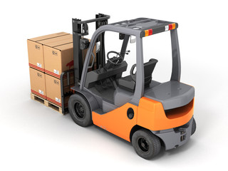 Forklift truck with boxes on pallet 3d