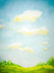 watercolor illustration with abstract sky, clouds, green grass