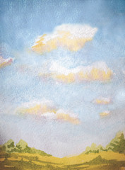 watercolor hand painted landscape with abstract sky, clouds - 112603248