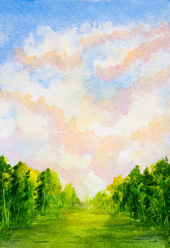 watercolor vertical landscape with sky with clouds, trees 
