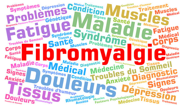 Fibromyalgia word cloud concept with french text