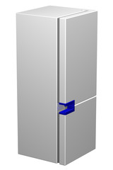White refrigerator with blue handle. 3D rendering.