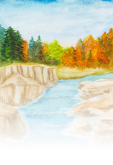 watercolor hand painted background with river and autumn trees