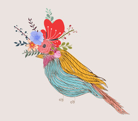 illustration of a little bird and blooming flowers
