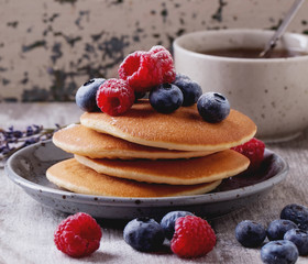 Pancakes with Berries and tea
