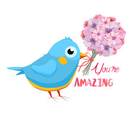 You are Amazing. Greeting card with flower bouquet and bird. Hand drawn lettering.