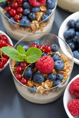 dessert with sweet  milk cream, fresh berries and muesli