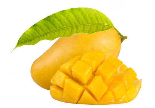 Mango fruit with leaf and delicious slice on white background