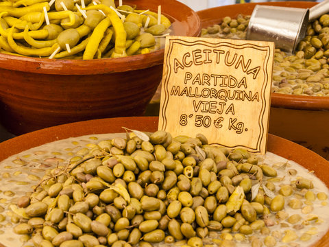 Traditional green olives for sale on a market at Majorca,Spain, Europe - close-up