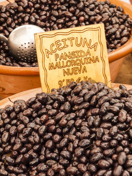Traditional black olives for sale on a market at Majorca,Spain, Europe